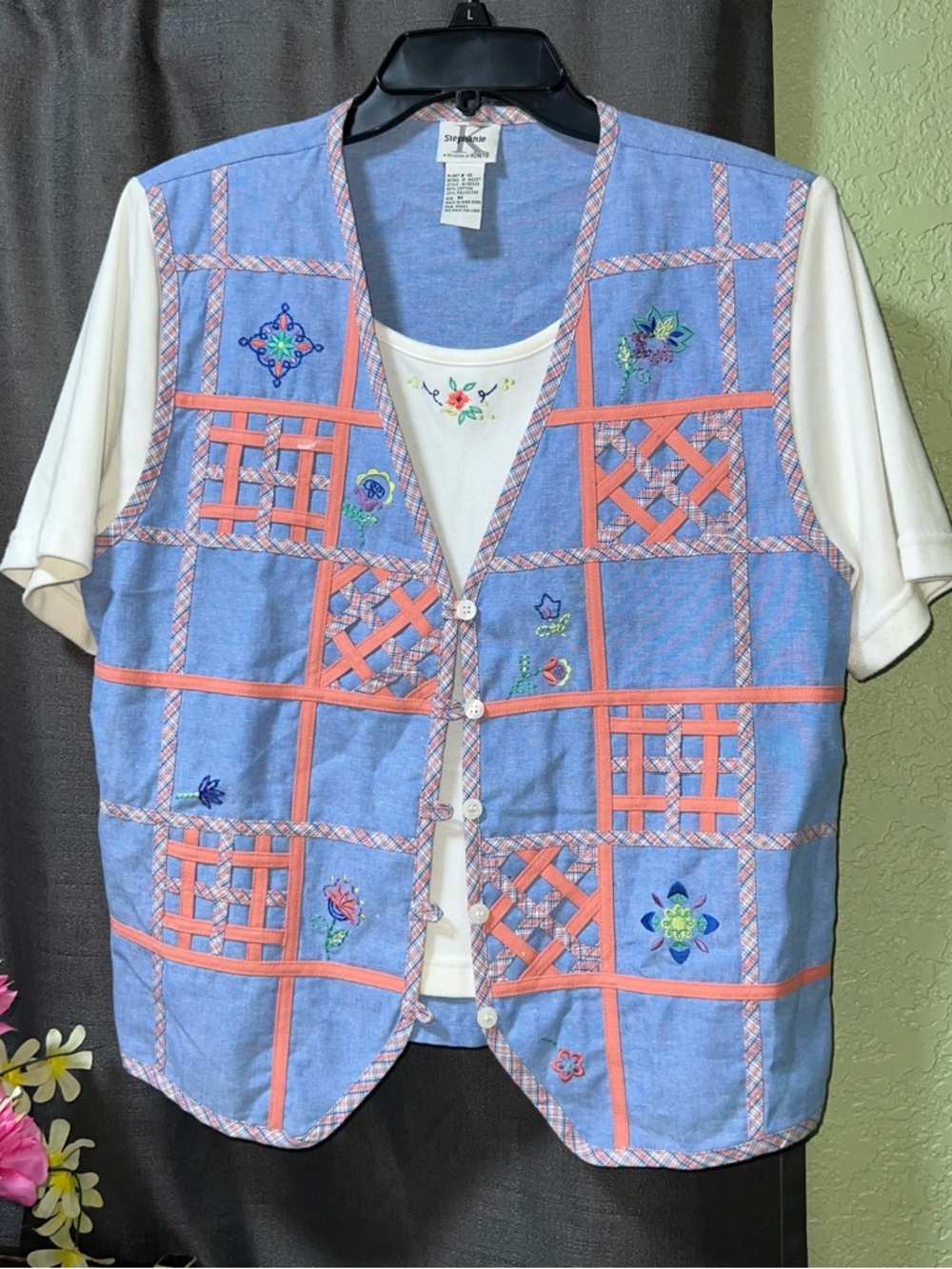 Vintage Stephanie K Koret Embroidered Blue Patchwork Vest 80s/90s Mom Cottage